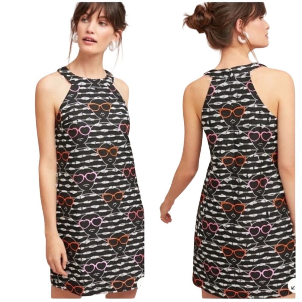 Anthropologie Hutch Black Sunglasses Print Halter Shift Mini Dress M